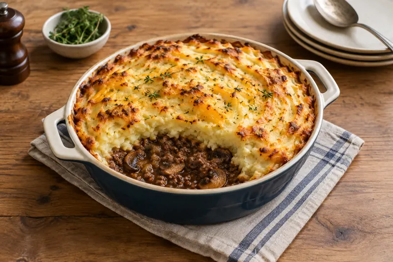 A spoonful lifted from a dish of cottage pie, showing dark beef gravy under a golden cheese-topped potato crust.