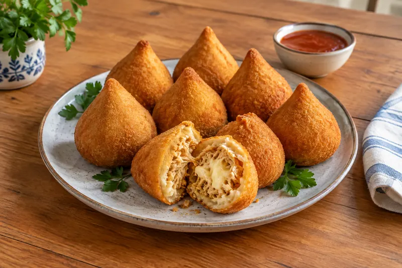 Golden teardrop-shaped coxinha, one broken open to show shredded chicken and cream cheese