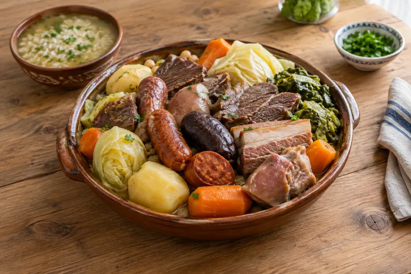 A large platter of boiled meats, sausages, cabbage, carrots and potatoes with rice
