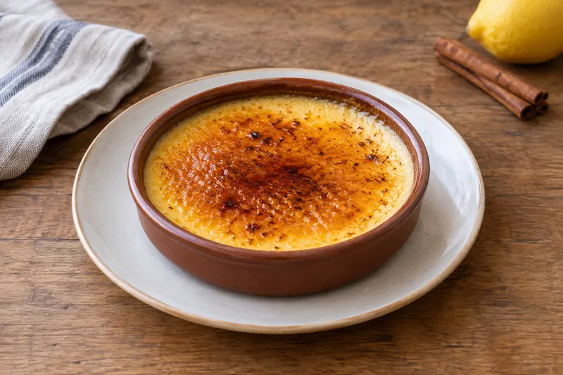 A shallow terracotta dish of yellow custard with a cracked, burnt sugar crust