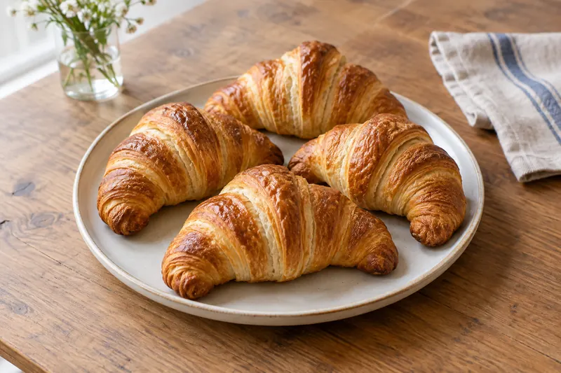 Golden flaky croissants with visible layers, one torn open to show the honeycomb crumb