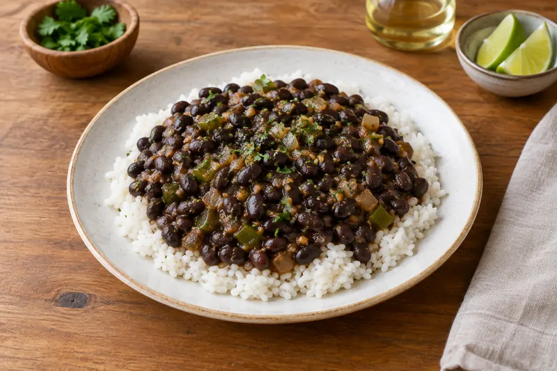 A bowl of glossy dark black beans next to white rice