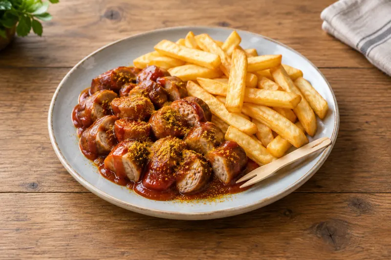 Sliced currywurst in a tray under red curried sauce dusted with curry powder, chips on the side