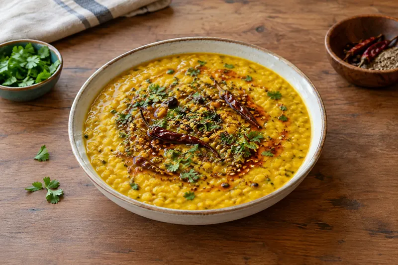 A bowl of yellow dal with a dark tempering of cumin, chilli and garlic poured over the top