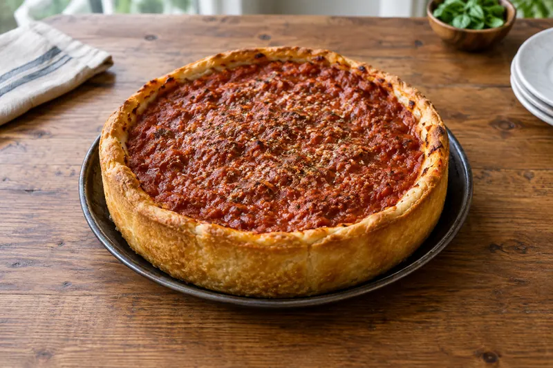 A tall slice of deep-dish pizza with a thick crust, layers of cheese and sausage under chunky tomato sauce
