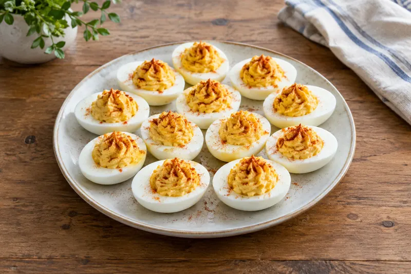 A plate of egg halves filled with piped creamy yellow yolk mixture and dusted with red paprika