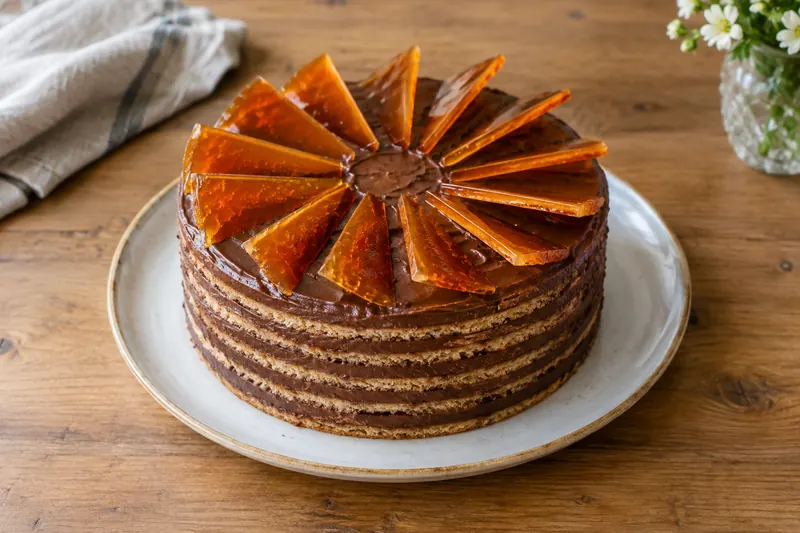 A round layered cake with chocolate buttercream sides and a top of angled glossy caramel wedges