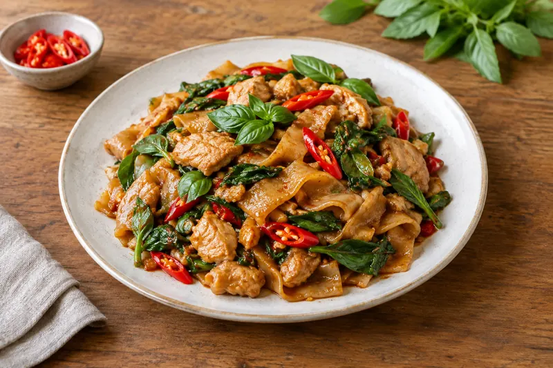 Wide rice noodles with pork, green beans, red chilli and holy basil in a wok