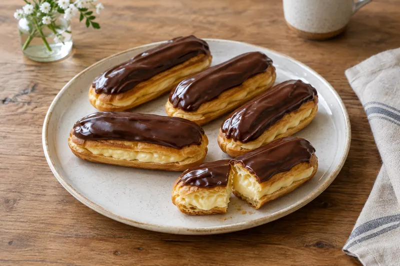Long choux pastry fingers topped with shiny chocolate glaze, one cut to show custard