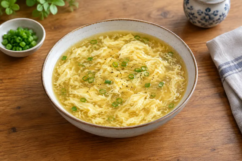 A bowl of clear yellow soup with delicate egg ribbons and sliced spring onion