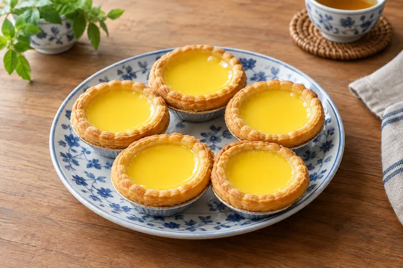 Small round tarts with crisp golden pastry and smooth, glossy bright yellow custard