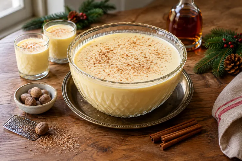 Glasses of thick, pale yellow creamy eggnog dusted with grated nutmeg