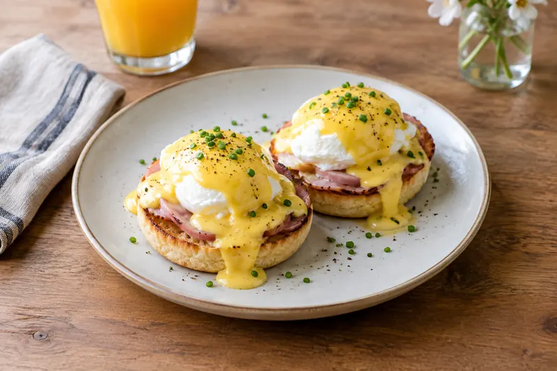 Two halves of English muffin topped with ham, poached eggs and yellow hollandaise, dusted with cayenne and chives