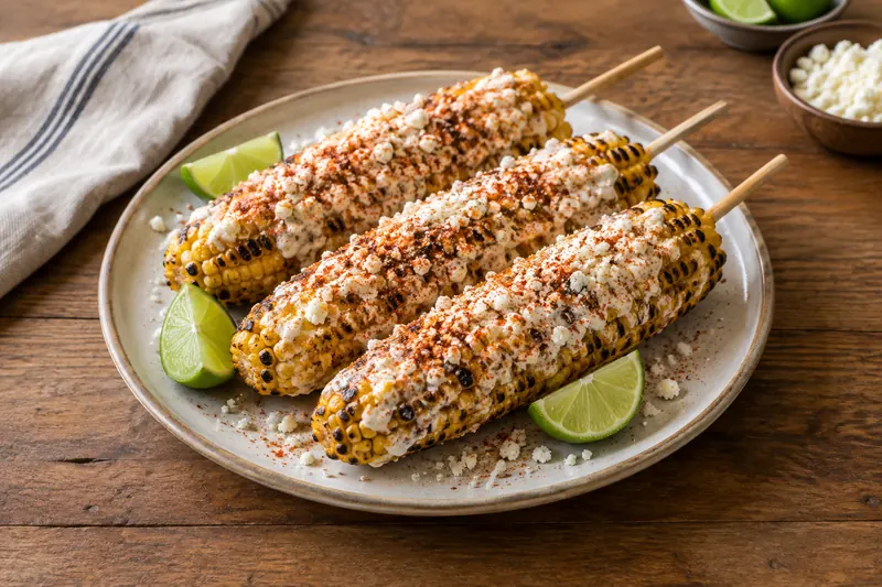 Charred corn cobs coated in white crema and crumbled cheese with red chilli powder