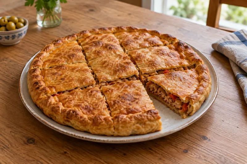 A large golden rectangular pie cut into squares showing a tuna and pepper filling