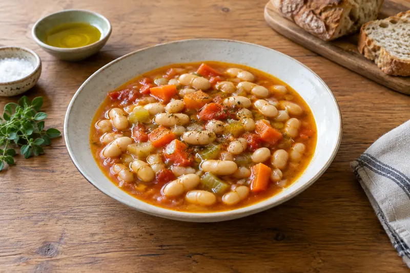 A bowl of Greek white bean soup with carrot and celery, drizzled with olive oil