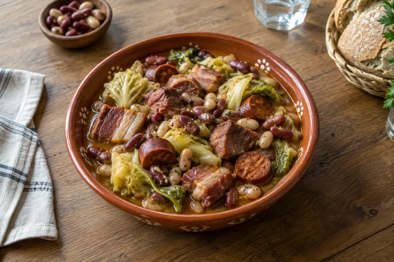 A pot of red bean stew with chunks of pork, sausage and cabbage