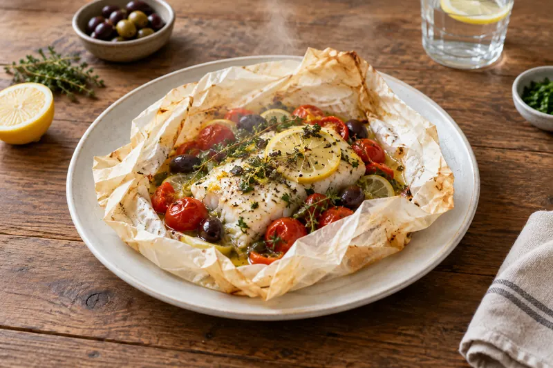 An opened parchment parcel with a white fish fillet, cherry tomatoes, olives, lemon and herbs