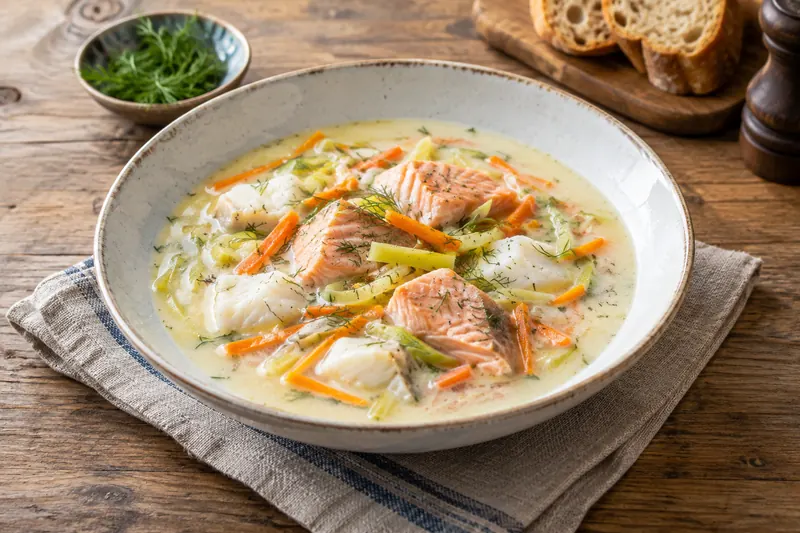 A bowl of pale creamy fish soup with chunks of cod and salmon, fine strips of carrot and leek, and chopped dill on top