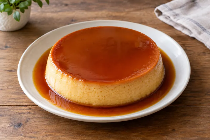 A turned-out round creamy flan with dark amber caramel pooling around it on a plate