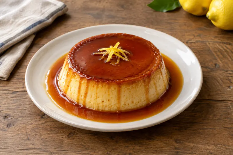 A turned-out golden custard with dark amber caramel sauce pooling around it