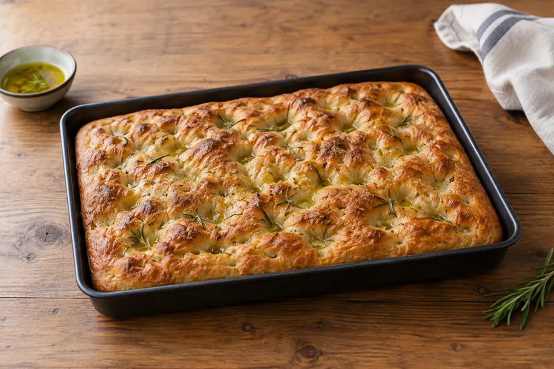 A golden dimpled focaccia with rosemary and flaky salt, glistening with olive oil