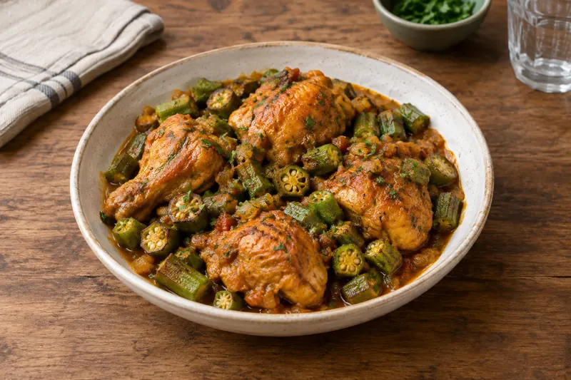 A pan of braised chicken pieces with whole okra in a light tomato sauce