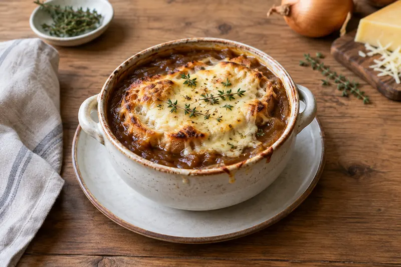A crock of French onion soup under a browned crust of melted gruyère on toasted bread