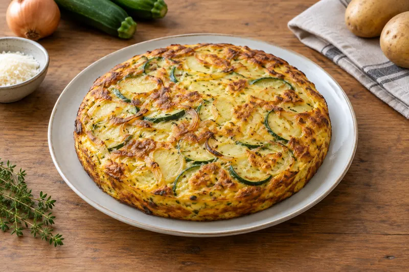 A thick golden open omelette with courgette, potato and herbs, cut into wedges in a pan