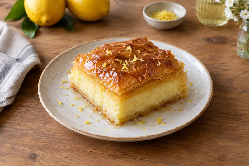 Squares of golden filo pie cut to show a thick pale custard filling, glistening with syrup
