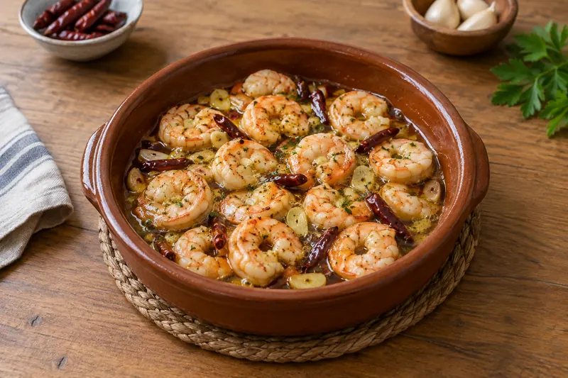 A shallow earthenware dish of prawns bubbling in golden olive oil with slices of garlic and red chilli