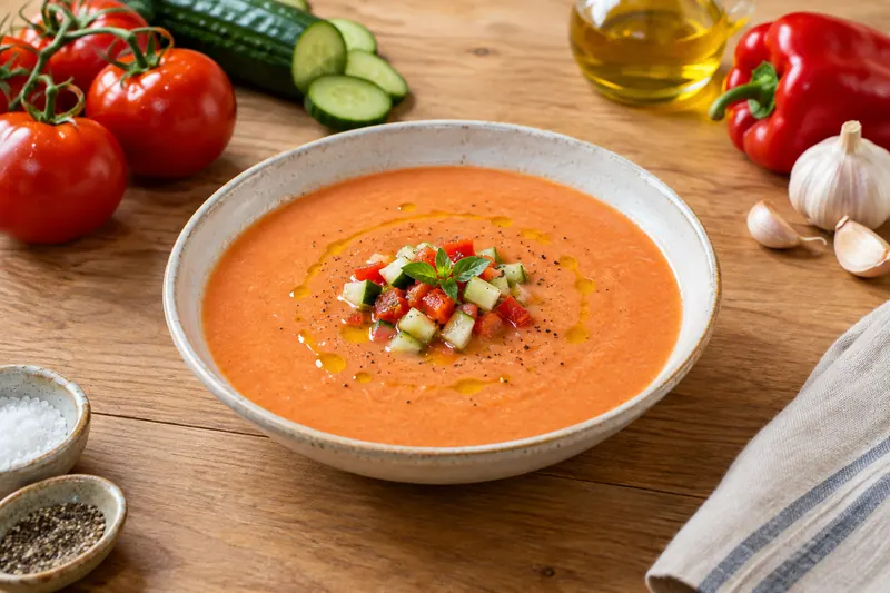 A glass of smooth orange-pink gazpacho with a drizzle of olive oil on top