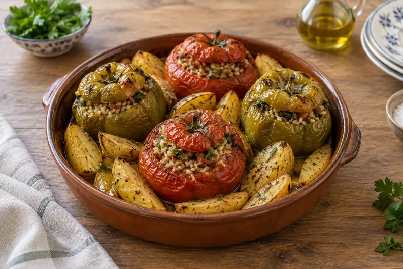Baked stuffed tomatoes and peppers with browned tops, potato wedges packed around them
