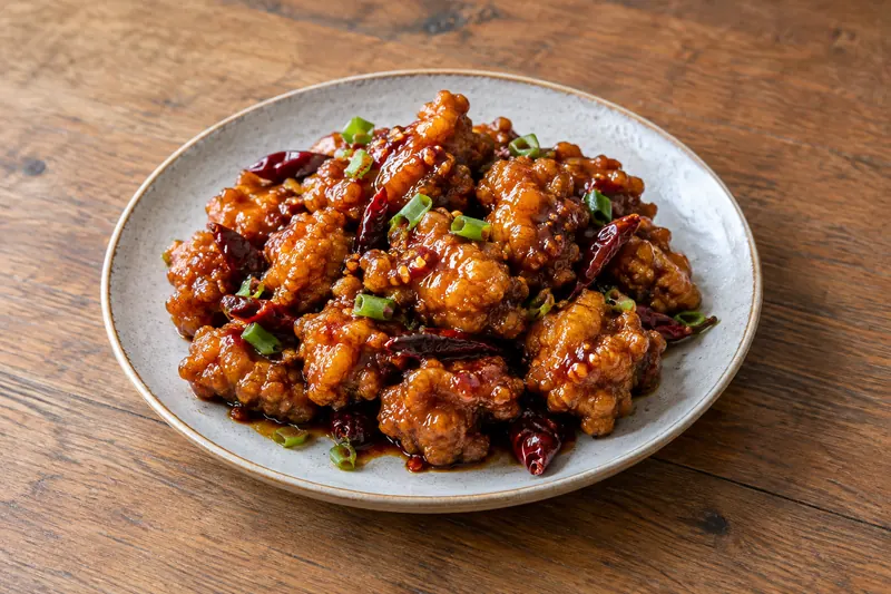 Pieces of crisp fried chicken in a glossy dark red sauce with dried chillies and sliced spring onion