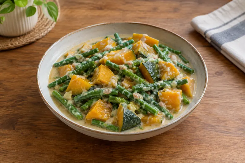A pan of orange squash and green beans in a creamy coconut sauce with prawns