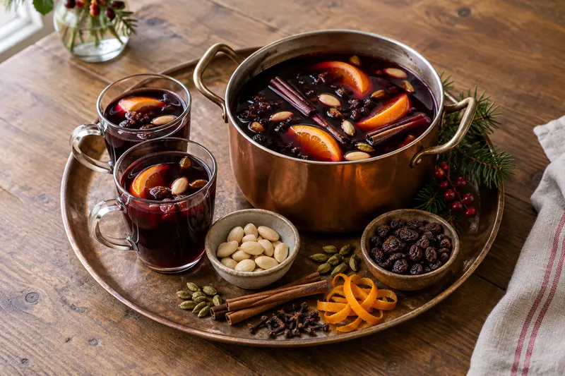 Small glasses of dark mulled wine with almonds and raisins, beside cinnamon sticks