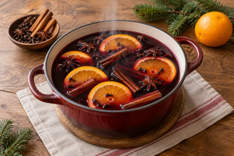 A steaming mug of dark red mulled wine with an orange slice, cinnamon stick and star anise