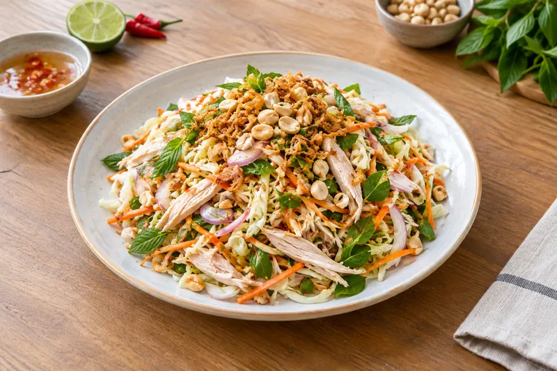 A plate of shredded chicken and cabbage salad with herbs, peanuts and fried shallots
