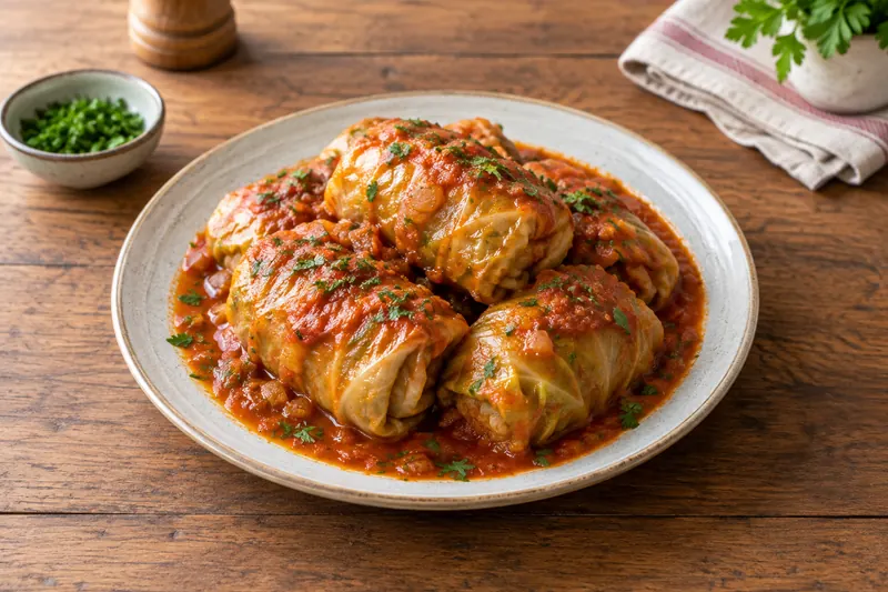 Cabbage rolls in tomato sauce in a heavy pot, one cut open to show the pork and rice filling