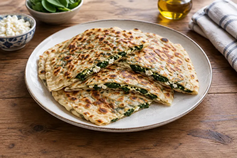 A folded thin Turkish flatbread with browned blisters, cut to show spinach and cheese