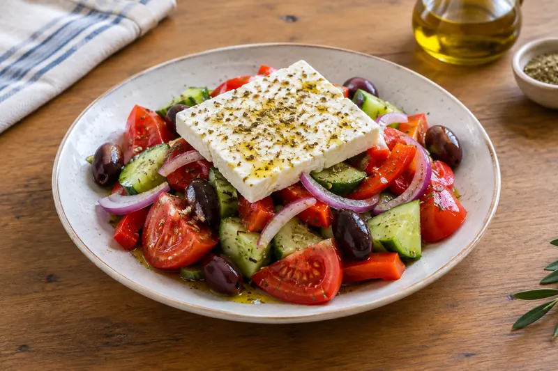 Greek salad with tomato, cucumber, red onion, olives and a whole slab of feta with oregano and olive oil