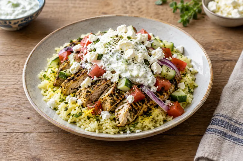 A bowl of lemon rice with sliced grilled chicken, tomato, cucumber, feta and tzatziki