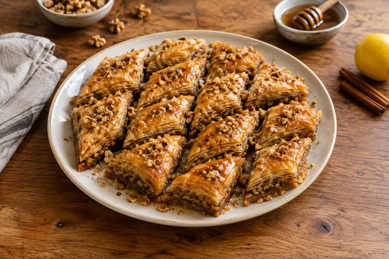 Diamond-shaped pieces of golden layered filo pastry with walnut filling, glistening with syrup