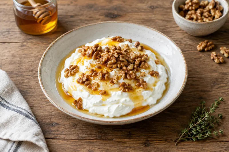 A bowl of thick white Greek yoghurt drizzled with golden honey and topped with walnuts