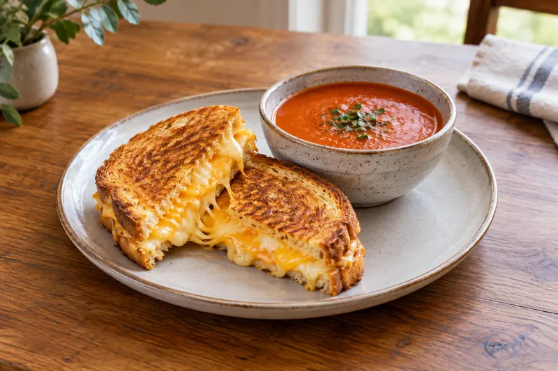 A grilled cheese sandwich cut in half with cheese stretching between, beside tomato soup