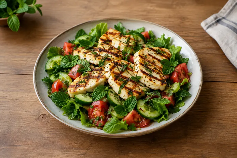 Griddled halloumi slices with dark bar marks on a platter of green leaves, cucumber, tomato and herbs