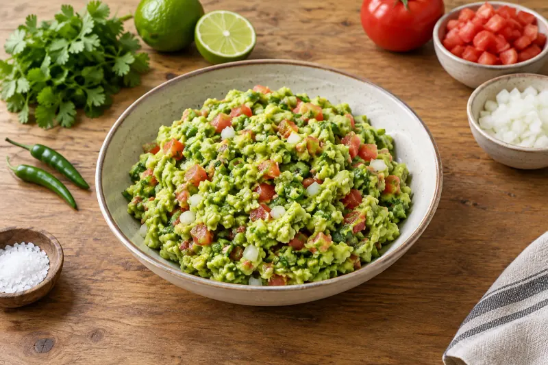 A molcajete of chunky guacamole with lime, coriander and diced white onion