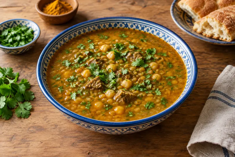 A bowl of thick red-brown Moroccan soup with chickpeas and lentils, scattered with coriander, a lemon wedge on the side