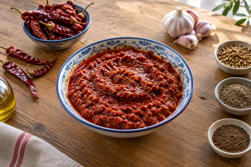 A small jar of deep red chilli paste under a layer of olive oil, with dried chillies beside it