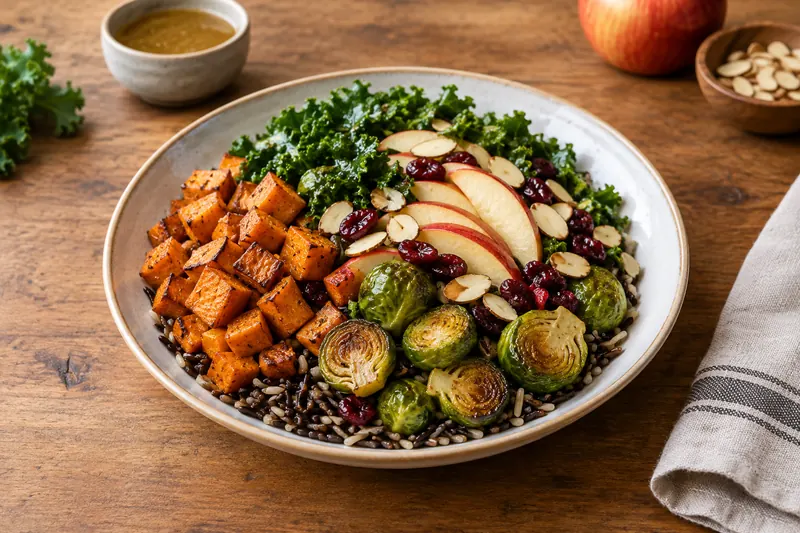 A wide bowl of wild rice topped with roasted sweet potato cubes, browned halved Brussels sprouts, kale, thin apple slices, dried cranberries and flaked almonds, drizzled with a glossy golden vinaigrette.